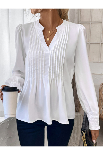 Take Two By Styli Solid Puff Sleeve Pintuck Detail Top