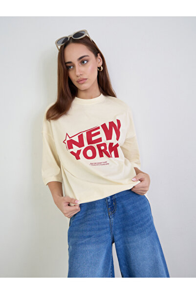 Styli Beige Graphic Oversized T-Shirt
