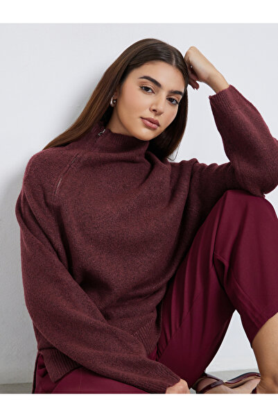 Styli Burgundy Regular Fit Sweater with Zip Detail