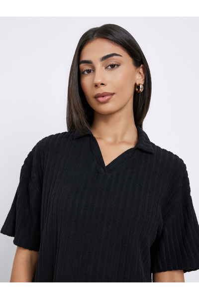 Styli Black Ribbed Collared Oversized Top