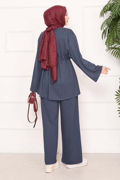 Blue Morpho Sparkling Stone Detailed Modal Fabric Gathered Waist Suit