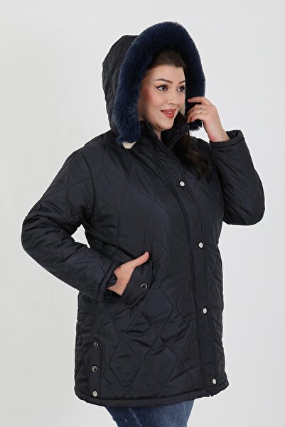 By Alba Collection Women's Dark Blue Quilted Inner Wool Large Size Coat