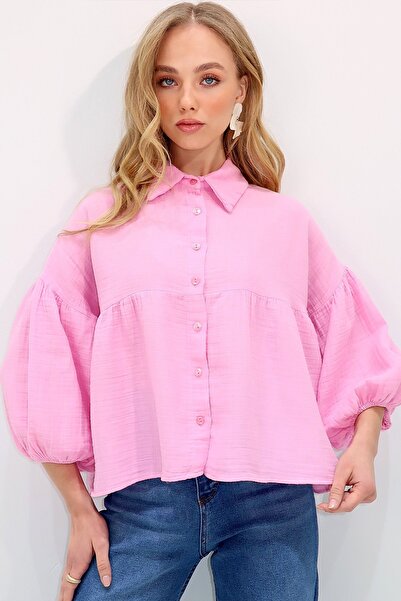 Trend Alaçatı Stili Női rózsaszín ballon ujjú elasztikus szoknya, hullámos vászon ing ALC-X13507