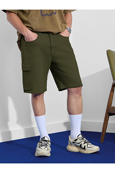The Souled Store By Styli Men Dark Green Denim Cargo Shorts
