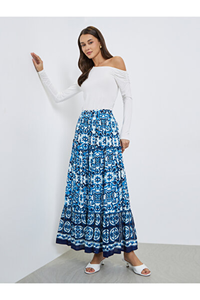 Styli Blue Tile Print A-Line Maxi Skirt