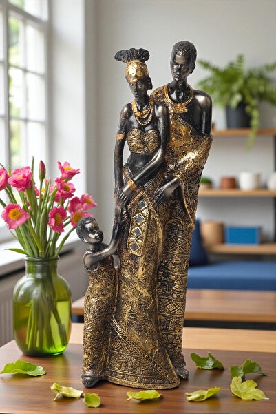 e-life shop Lüks İşlemeli Geleneksel Yerel Kıyafetli Afrikalı Aile Heykeli De...