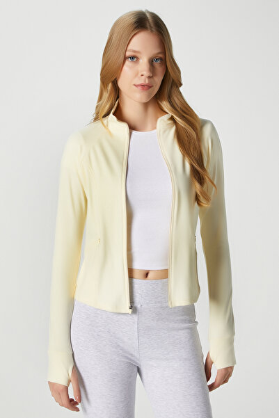 Ritnice Jogging Vücuda Oturan Cepli Parmak Geçmeli Sarı Spor Ceket / Hırka