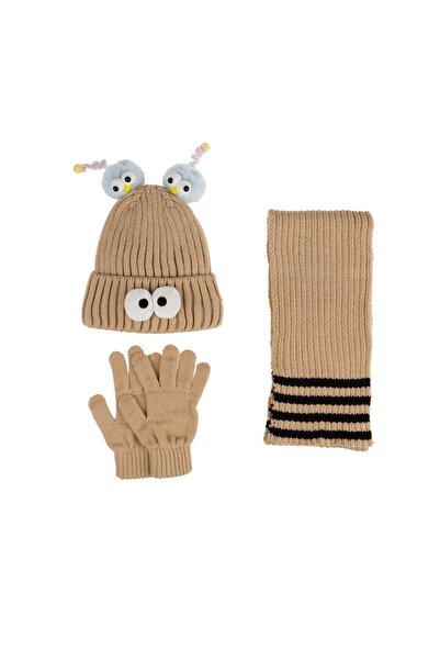 Budi Kitti Children's Girl's Scarf, Beanie, Gloves Set (4-8 Years) K24170-09 Beige