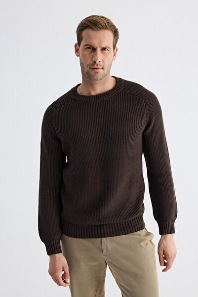 odelon Crew Neck Thessaloniki Knit Cotton Men's Dark Brown Knitwear Sweater