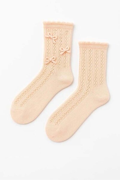 BONY SOCKS Дамски плетени чорапи с панделка, цвят екрю