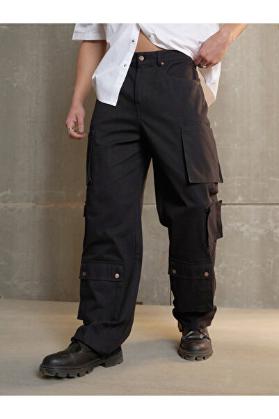 Sassafras By Styli Black Twill Utility Pockets Wide Leg Cargo Pants