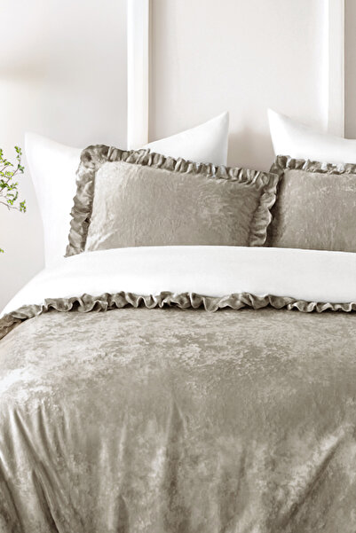 HAMUR Crush Hare Efektli Çift Kişilik Yatak Örtüsü Seti 2 Yastık Kılıfı Fırfırlı Saten Parlaklığı Vizon