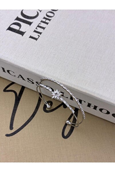 Hedef Bijuteri Silver Color Adjustable Two Row Zircon Stone Star Detailed Bracelet