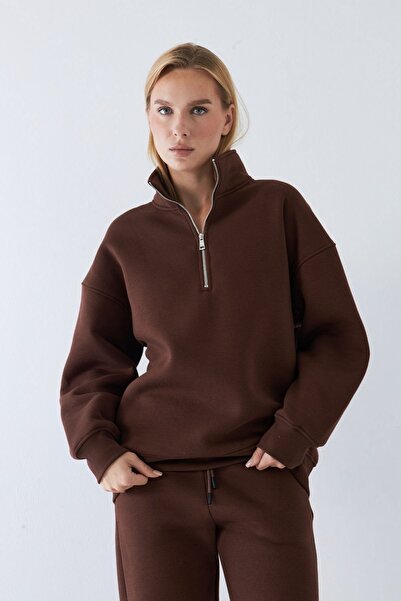 The Champ Clothing Unisex oversized Σετ αθλητικής φόρμας Basic Brown – Με φερμουάρ ψηλός λαιμός , Ελαστικό πόδι, 3 κλωστές φλις
