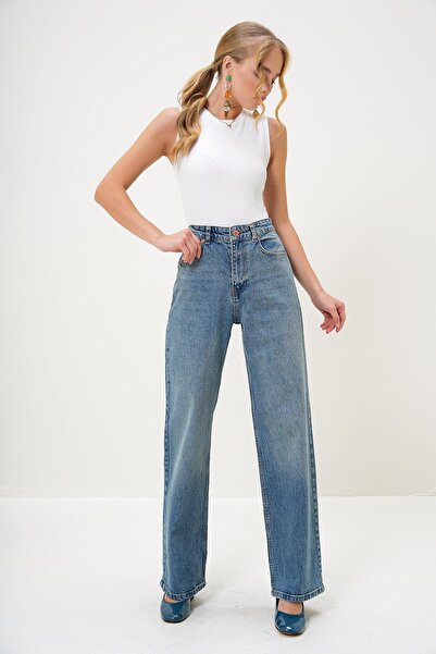 Trend Alaçatı Stili Dámské modré džínové kalhoty střihu Palazzo s vysokým pasem Alc-X13172