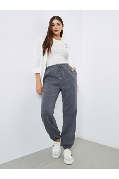 Styli Women Grey Solid Wide Leg Joggers with Drawstring Waist