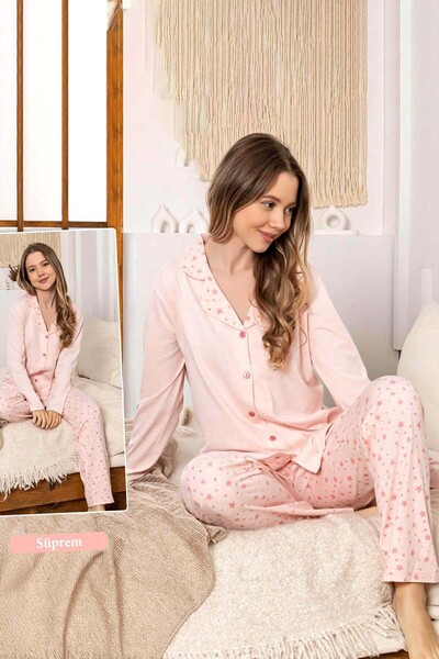 REMSA Women's Star Pattern Buttoned Suprem Pajama Set 0350 Pink03