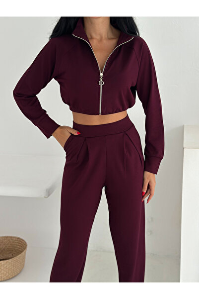 Gugus Women's Shalwar Cut Zippered Stand-Up Collar Casual Modal Sweat Suit
