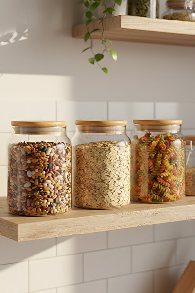 ZURİ DESİGN 3-Piece Glass Storage Container Set 860 Cc - Food Preservation Jar with Vacuum Bamboo Lid