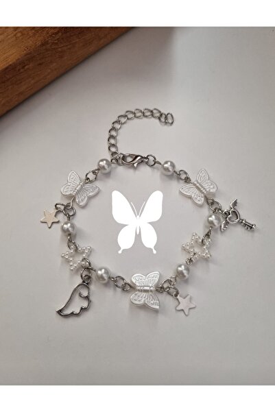 glactuca craft White Butterfly and Pearly Charm Bracelet Y2K
