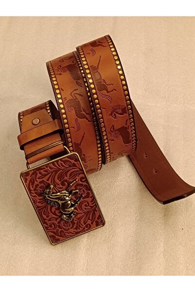 Butik Tülin حزام من الجلد الصناعي الأصلي للجنسين باللون البني مطبوع بنقش برون...