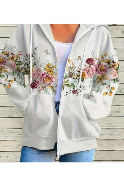 Dumantekstil Flower Printed Kangaroo Pocket Long Sleeve Zipper Hoodie Sweatshirt