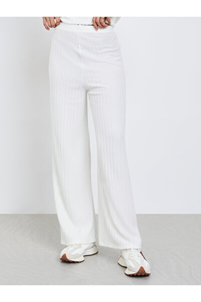 Styli Off White Ribbed Knit Wide Leg Pants