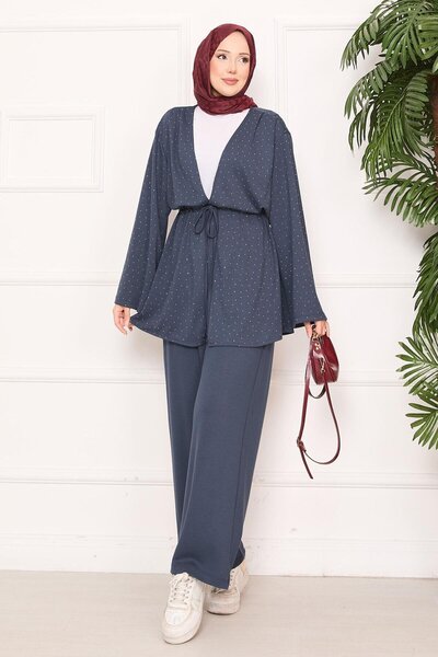 Blue Morpho Sparkling Stone Detailed Modal Fabric Gathered Waist Suit