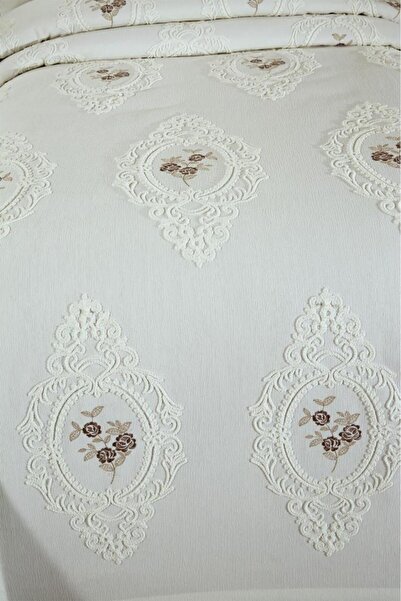 Çeyiz Diyarı Gardenlove Nakışlı Şönil 2 Parça Tek Kişilik Yatak Örtüsü Bej