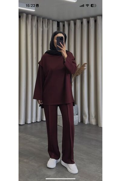 Qimene ŞERİT DETAYLI BORDO RENK İKİLİ TAKIM