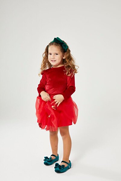 noliva bebek ve çocuk Sparkling Tulle Girls' Christmas Dress – Velvet Detailed Party Dress