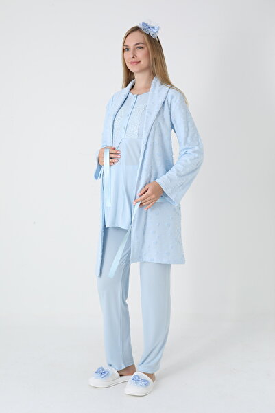 LOHOUSE Women's Jacquard Quilted Shawl Collar Cotton Winter Maternity Pajama Set with Dressing Gown 3-Piece Pajama Set