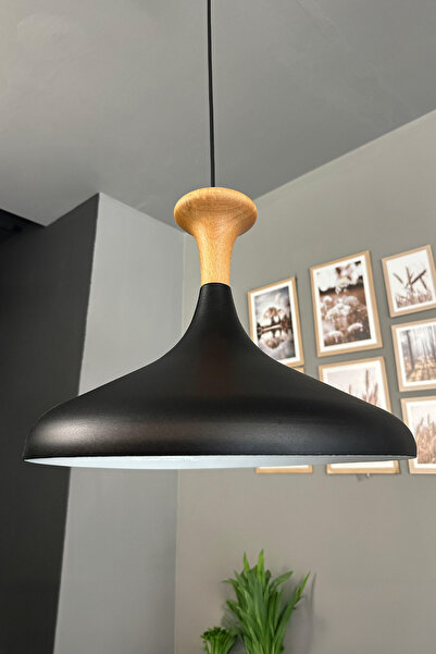 Bamyum Champion Siyah İç Beyaz Ahşap Mantar Başlık Tekli Avize Salon Oturma O...