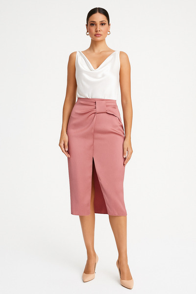 Sugarstore Mavi Saten Beli Detaylı Midi Etek