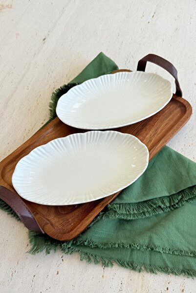 porselenden Aura Cream 2-Piece 20 cm Premium Porcelain Small Size Boat-Shaped Breakfast Mezelik Presentation Serving Set