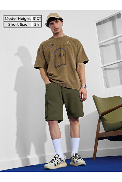 The Souled Store By Styli Men Dark Green Denim Cargo Shorts