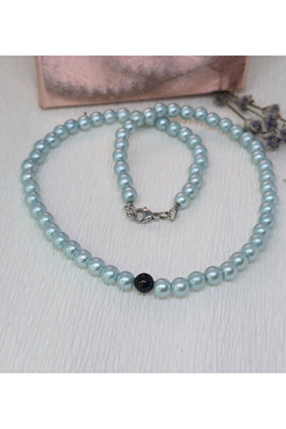 Amma Design Colier Blue Harmony lucrat manual cu perle albastru deschis și agat negru