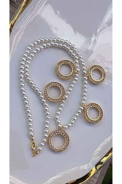 Resta İnci zerafeti ile çoklu beşli altın kaplama altın koymalı Bijuteri kolye