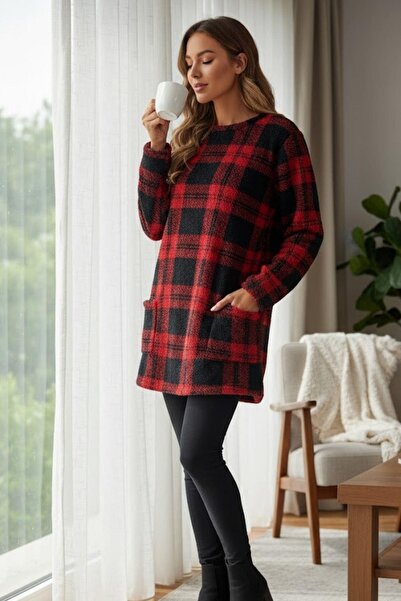 Mossta Turtleneck Plaid Patterned Woven Tunic - Red
