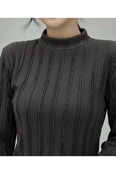 ns nirvana secret Women's Textured Stretchy Knitted Ruffle Fabric Turtleneck Blouse
