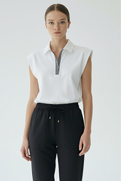 Allyco Tricou alb cu guler polo, fără mâneci, Regular din material subțire