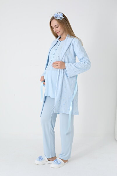 LOHOUSE Women's Jacquard Quilted Shawl Collar Cotton Winter Maternity Pajama Set with Dressing Gown 3-Piece Pajama Set