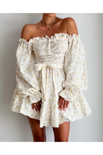 Elia Swimwear Muslin Mini Dress With Long Puff Sleeves White And Beige Celia