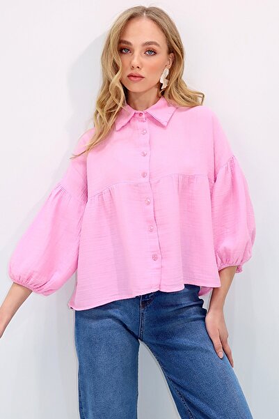 Trend Alaçatı Stili Női rózsaszín ballon ujjú elasztikus szoknya, hullámos vászon ing ALC-X13507