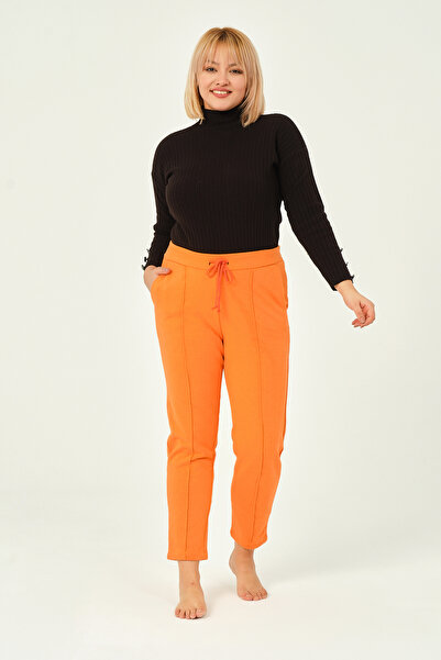 İntensive Orange Three Thread Pleated Pocket Cotton Women's Plus Size Sweatpants