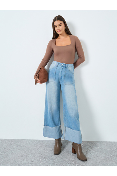 Styli بنطال جينز أرجل واسعة بخصر مرتفع وحافة قابلة للطي