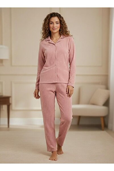 ARCAN SET DE 2 PIESE PENTRU FEMEI, CĂMAȘĂ CU MODEL STELE ROZ, Guler, cu nasturi, fleece cu șnur