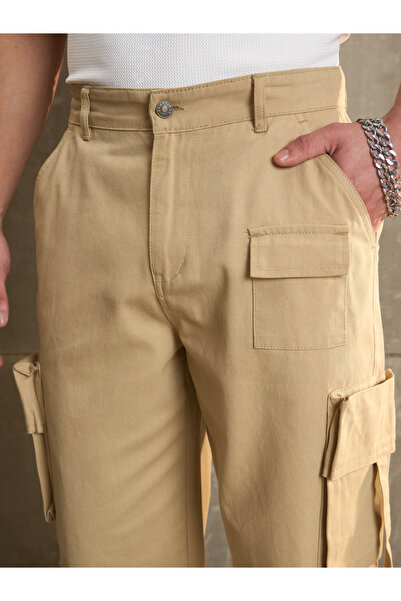 Sassafras By Styli Beige Twill Cargo Pockets Wide Leg Pants