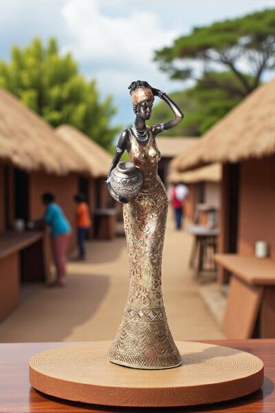 e-life shop Lüks İşlemeli Geleneksel Yerel Kıyafetli Afrikalı Kadın Heykeli D...