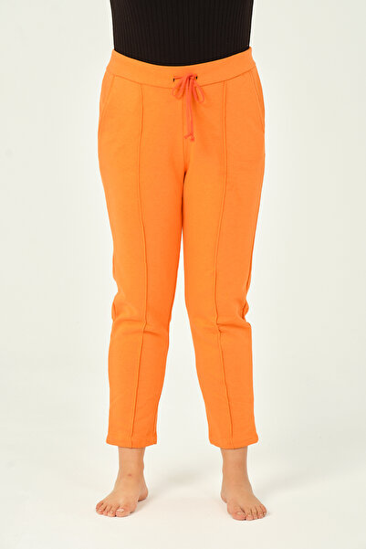 İntensive Orange Three Thread Pleated Pocket Cotton Women's Plus Size Sweatpants